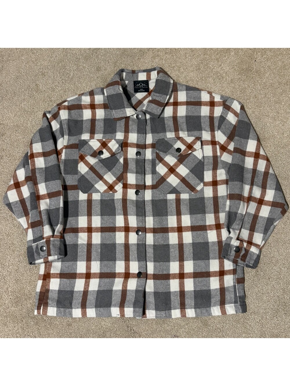 HFX Women’s Size M Plaid Flannel Shirt Jacket Button Up Shacket Gray White Brown